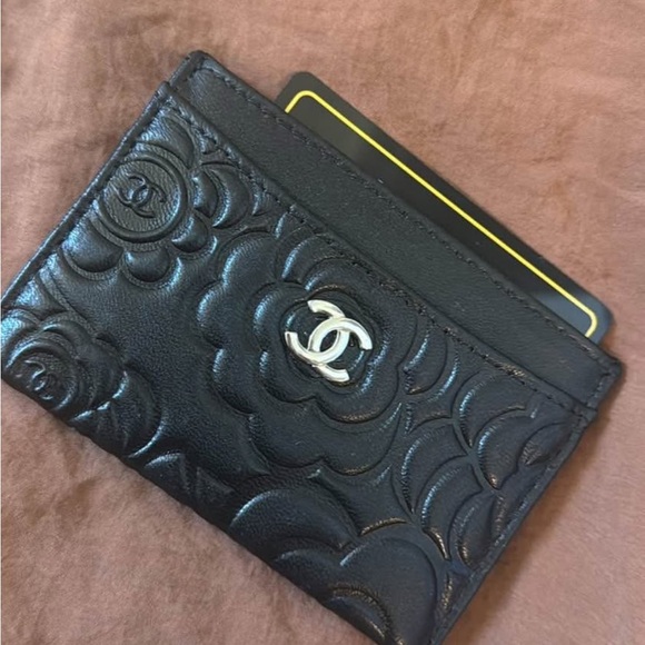 CHANEL Accessories - CHANEL Black Floral Embossed Card Holder